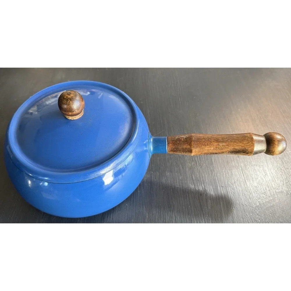 VTG Blue Enamel Saucepan Fondue‎ Pot Mid Century Modern Wood Handle Cottage Core